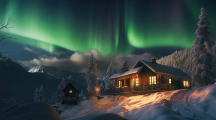 Poster Epic aurora borealis with the beautiful of home and snow © Absent Satu