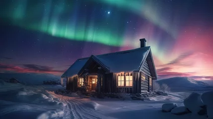 Zelfklevend Fotobehang Epic aurora borealis with the beautiful of home and snow © Absent Satu