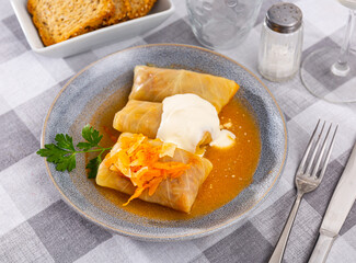 Cabbage rolls in cabbage leaves with sour cream, dish of Eastern European cuisine