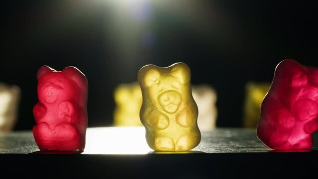 Jelly marmalade bear close up, Confiture Bean candy jujube Marmalade bears with cod cannabis close up. 