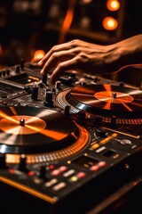 Obraz premium A close-up shot of a DJ's hands on the turntables, showcasing the technical skills and artistry involved in mixing music. Generative AI