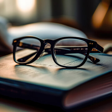 Pair of glasses lying on an old book. The library is in the background. Books and glasses. Generative AI