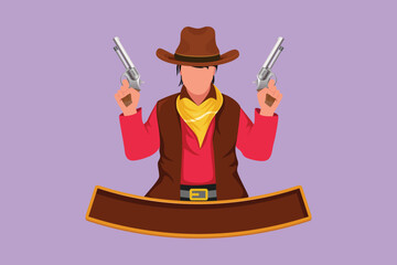 Character flat drawing of stylized American cowboys holding and raised his two guns up. Old wild west gunslinger holding two guns. Vintage weapons for self defense. Cartoon design vector illustration