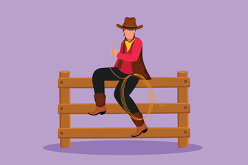 Graphic flat design drawing American cowboy with lasso rope sitting on a wooden fence with wild west sunset landscape in the evening. Cowboy lifestyle in the stables. Cartoon style vector illustration