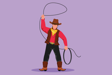 Character flat drawing of western cowboy standing and throwing lasso with wild west elements. Man with cowboy hat rotate the lasso over his head at wild west desert. Cartoon design vector illustration