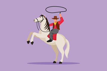 Character flat drawing stylized cowboy throwing lasso riding rearing up horse. American cowboy riding horse and throwing lasso. Cute cowboy with rope lasso on horse. Cartoon design vector illustration