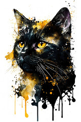 Generative ai illustration of cat gold ang black painting art isolated on white background