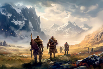 Fototapeta premium group of adventurers walking in the mountains