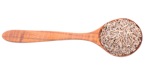 Wooden spoon over the pile of cumin seeds isolated over transparent png