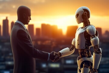 Obraz na płótnie Canvas Robot and businessman in handshake with sunset blurry city in the background. Generative Ai