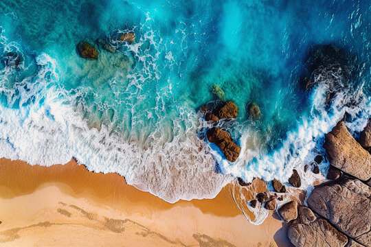 blue and yellow beach with waves and bubbles hitting sones and coral reef