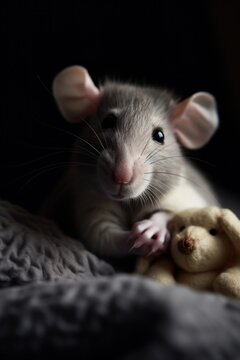 A stunning portrait capturing the lively and playful spirit of a rat, holding a small teddy in her paws. The image beautifully portrays the rat's nature, created with generative A.I.
