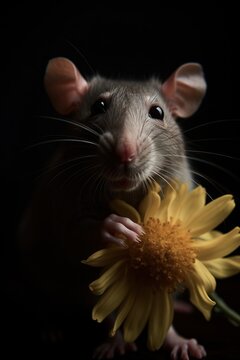 A stunning portrait capturing the lively and playful spirit of a rat, holding a yellow flower in her paws. The image beautifully portrays the rat's nature, created with generative A.I.