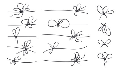 Line bows knots on ribbon for gift decoration. String with rope knots in doodle style, simple thin line wedding elements isolated on white background © Ekaterina Mikhailova