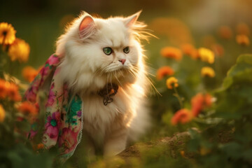 Naklejka na ściany i meble Cute Persian kitten walking on the grass, wearing a colorful scarf around his neck, golden hour, Generative AI