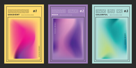 Colorful gradient mesh background template copy space set. Abstract and fluid colour backdrop design for poster, banner, leaflet, pamphlet, cover, or booklet.