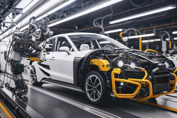 Futuristic Robot Working in a Car Assembling in a Factory. Created With Generative AI.
