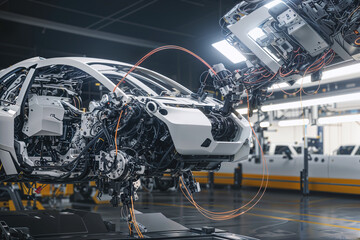 Futuristic Robot Working in a Car Assembling in a Factory. Created With Generative AI.