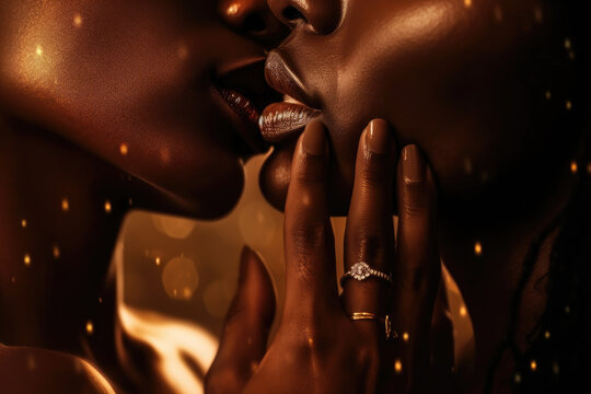 The power of a kiss, sexy beautiful african lesbian couple lips closeup kissing seductive black woman, erotic, glamour, sensual, lgbt, kiss concept AI Generative	
