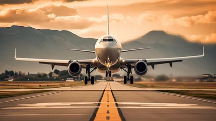 Fotobehang Modern Airplane landing o an airport runway, front view, Generated AI © PhilipSebastian