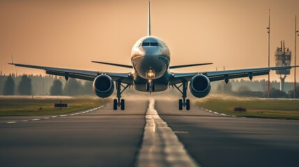 Fototapeta na wymiar Modern Airplane landing o an airport runway, front view, Generated AI