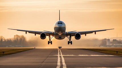 Modern Airplane landing o an airport runway, front view, Generated AI