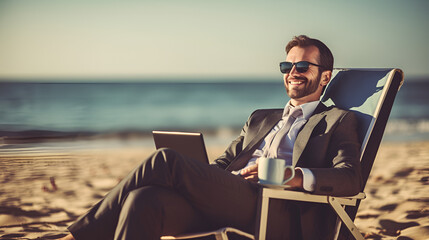 smiling businessman with computer relaxing on the beach Generative AI