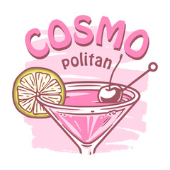 Cosmopolitan cocktail with lime and cherry for summer party. Ping alcochol cocktail for beash bar. Cosmo with vodka and cranbery for design of menu