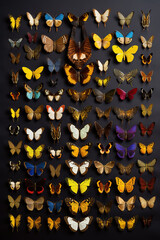 A collection of colorful and intricate butterflies, arranged in a display case or mounted on a board. Generative AI