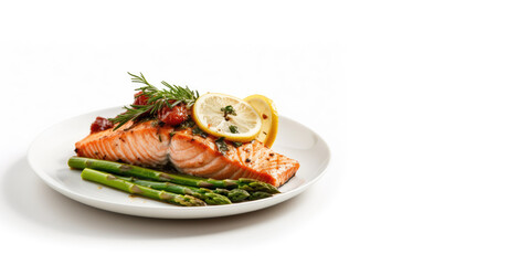 grilled salmon and roasted asparagus on a pristine white plate. Isolated on a white background with lemon slices. Copy space. Gastronomic delight AI Generative.