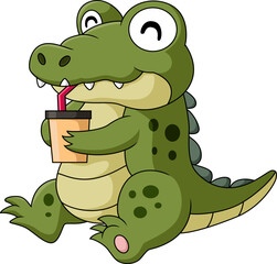 Fototapeta premium Cute baby crocodile cartoon drinking