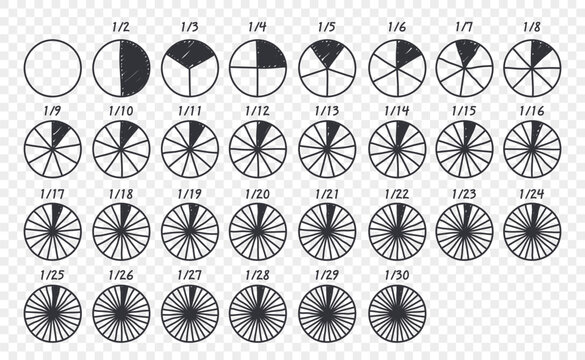Hand drawn circles divided into parts from 1 to 30. Doodle outline round chart for infographic, pie portion or pizza slice. Wheel division into fractions, circular shape sectors on transparent