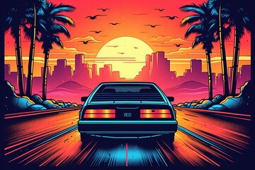 Fototapeta na wymiar An illustration of a car driving into the sunset in the style of the 80s