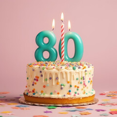 80's Colorful party Delight: A Birthday Cake Adorned with Big Candles and Chocolate Chips isolated on pastel lilac background with space for text. Copy space. Celebration concept AI Generative