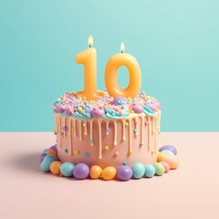 Tenth party Delight: A Birthday Cake Adorned with Big Candles and Chocolate Chips isolated on pastel blue and Lilac background with space for text. Copy space. Celebration concept AI Generative