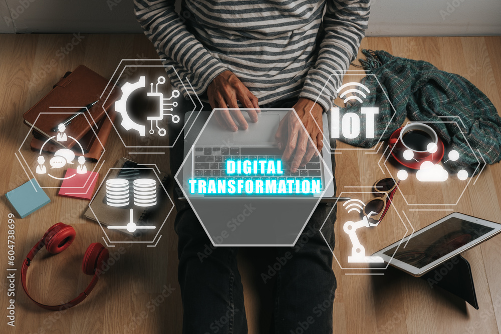 Poster digital transformation and digitalization technology concept, young businessman working on laptop co