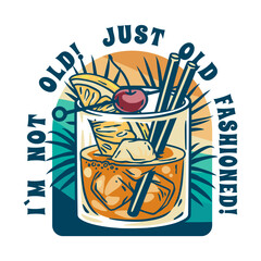 Old fashioned cocktail with ice and cherry for design of bar menu. American alcochol cocktail with whisky and bourbon for drink party. Tee print