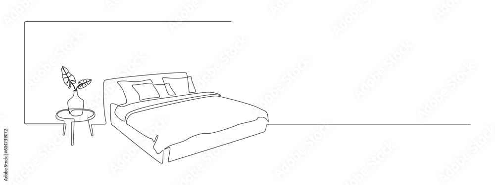 Poster double bed and table with vase and plant in continuous one line drawing. scandinavian stylish furnit
