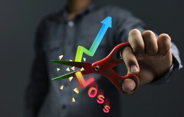 Stock market investor choose to use the stop loss method to saving costs or willing to sell losses before the price goes down much further. Scissors cutting graph 3D to broken for cut loss concept. - obrazy, fototapety, plakaty