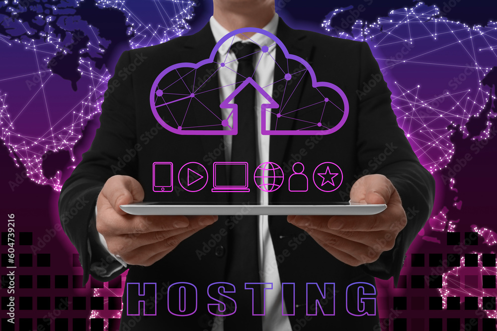 Poster web hosting. man holding tablet against world map, closeup. digital cloud with arrow and icons over 