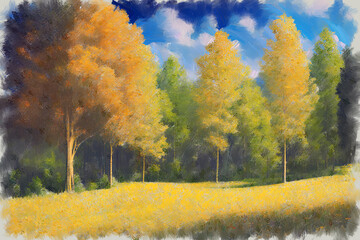 Modern impressionist oil painting sketch of scenic autumnal landscape with lush colorful autumn trees on the edge of forest. My own digital art illustration of peaceful countryside scenery.