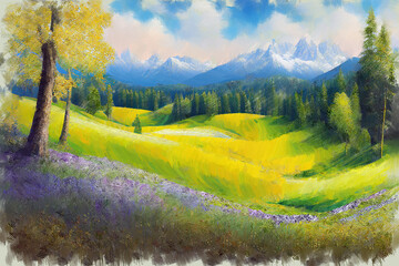 Expressive vibrant oil painting sketch of picturesque landscape with colorful blooming fields, pine forest in valley and mountain peaks on background at summer day. My own digital art illustration.