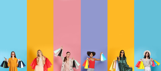 Happy women with shopping bags on different color backgrounds, collage design