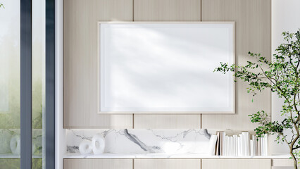 Blank wooden horizontal poster frame mockup Furniture with marble countertops, white vases, books, notebooks, marble backgrounds, and wood cabinets, natural light from the windows. 3D render