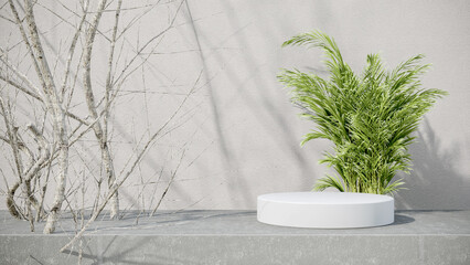 Modern white marble podium decorated with fresh green plants and dry trees Leaf shadows on concrete wall background for placing products, cosmetics, skincare, and beauty treatment products. 3D render