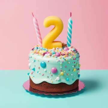 Special Celebration. Delight in an exquisite birthday cake, marking two years, on a charming pastel background. Copy space. Memorable moments 2nd birthday AI Generative