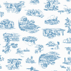 A seamless textile design of the old rural landscape,