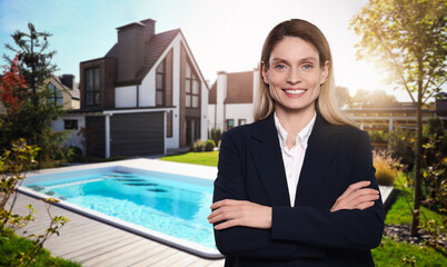 Smiling real estate agent with portfolio outdoors, space for text. Beautiful house, garden and pool...