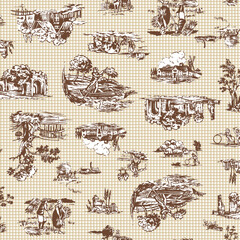 A seamless textile design of the old rural landscape,