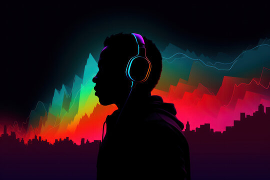 Black teenager with headphones against abstract background - generative ai